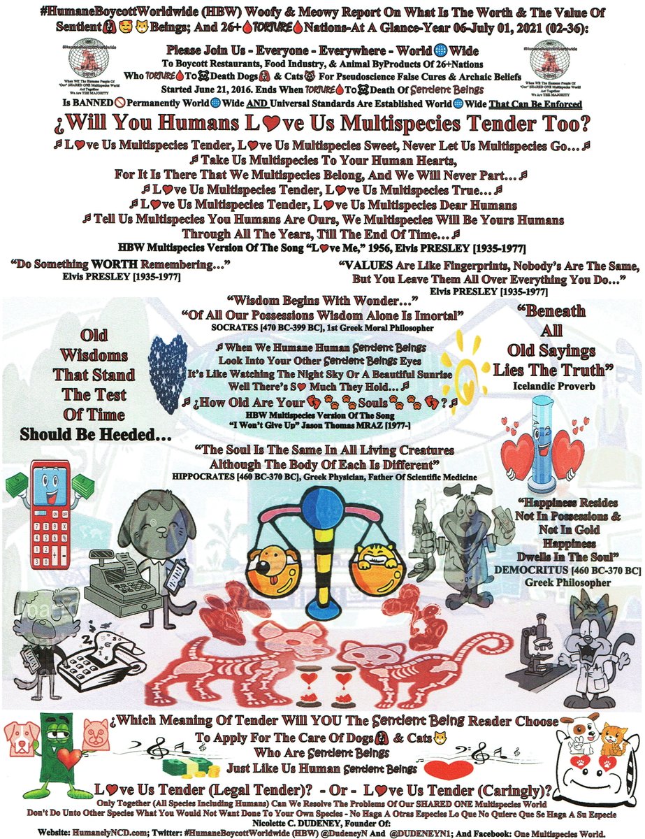 DudeneyN's tweet photo. 1-9
Join🤝Us 
#HumaneBoycottWorldwide @DudeneyN
Woofy &amp; Meowy Report
What Is The Worth &amp; Value
Of Sentient🐶🥰🐱Beings
26+Torture🩸Nations-At A Glance
Year6-2021Jul1

What💰❣️Price🩸Torture?

Money≠Happiness

Need ALL🌐To🛑STOP
🐶&amp;🐱Adrenalin Meat Trade🌐
https://t.co/njR34aOsuX https://t.co/9ETiFtjlmX