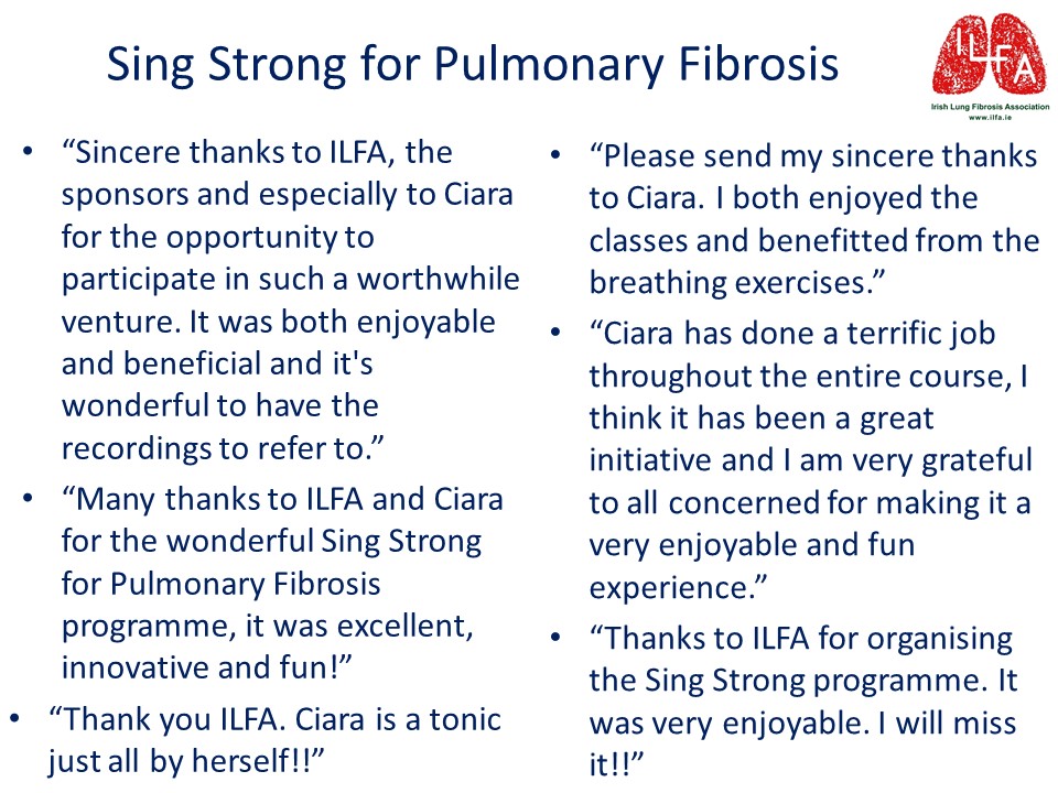 The final Sing Strong for Pulmonary Fibrosis class was great fun! Matt Cullen & John McCarthy sang solo & the group performed a song by The Carpenters. @ILFA_Ireland is grateful to @MeadeCiara, Air Liquide Ireland & BOC Healthcare Ireland for this great patient-centered activity
