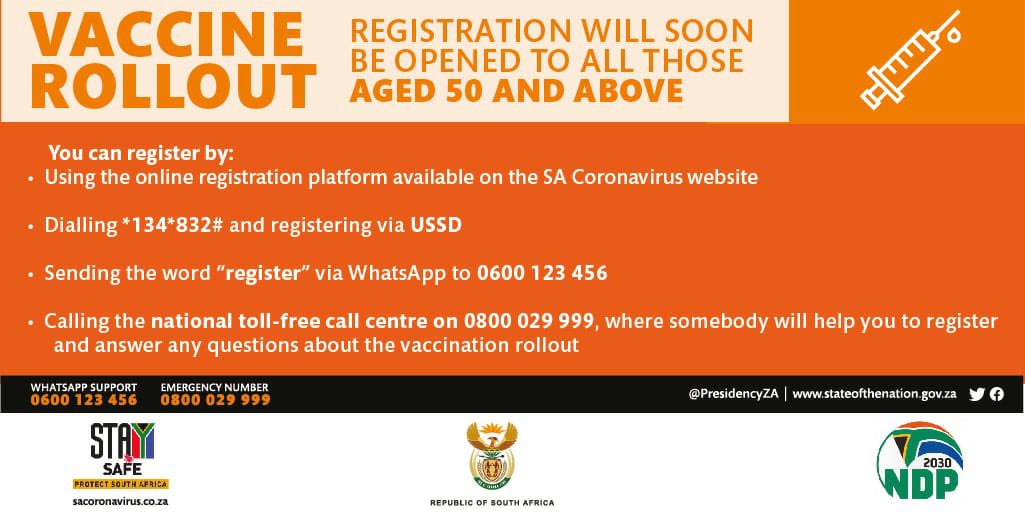 CityofJoburgZA's tweet photo. #JoburgUpdates 

ICYMI: As of today, 1 July 2021, all citizens aged 50 years and above can register for vaccination 👇🏾 #VaccineRollOutSA #COVID19 #WeServeJoburg #SaferJoburg ^GZ https://t.co/UsA8uZY278
