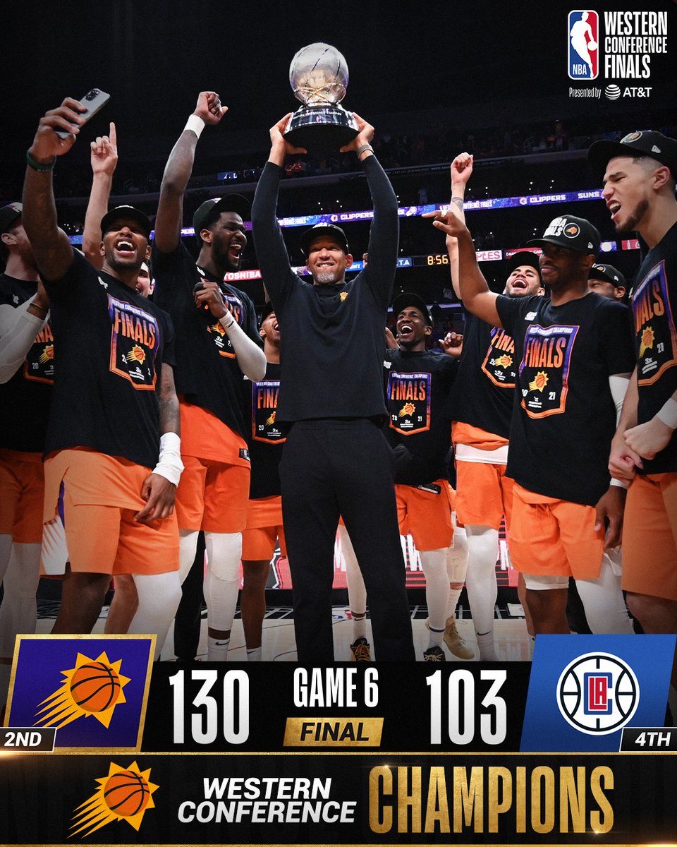 NBA's tweet photo. The @Suns win Game 6, defeat LAC 4-2 in the #NBAWCF presented by AT&amp;T and advance to the #NBAFinals presented by YouTube TV for the first time since 1993! #ThatsGame 
https://t.co/mOcPjfXmSN