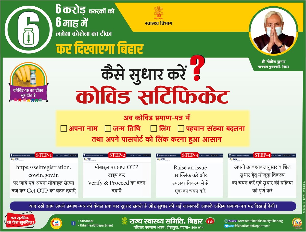 IPRDBihar's tweet photo. "कर दिखाएगा बिहार"
"6 करोड़ वयस्कों को 6 माह में लगेगा कोरोना का टीका" 
कैसे सुधार करें?
 कोविड सर्टिफिकेट
#BiharHealthDept
#KarDikhayegaBihar https://t.co/VQYO8XyHjz