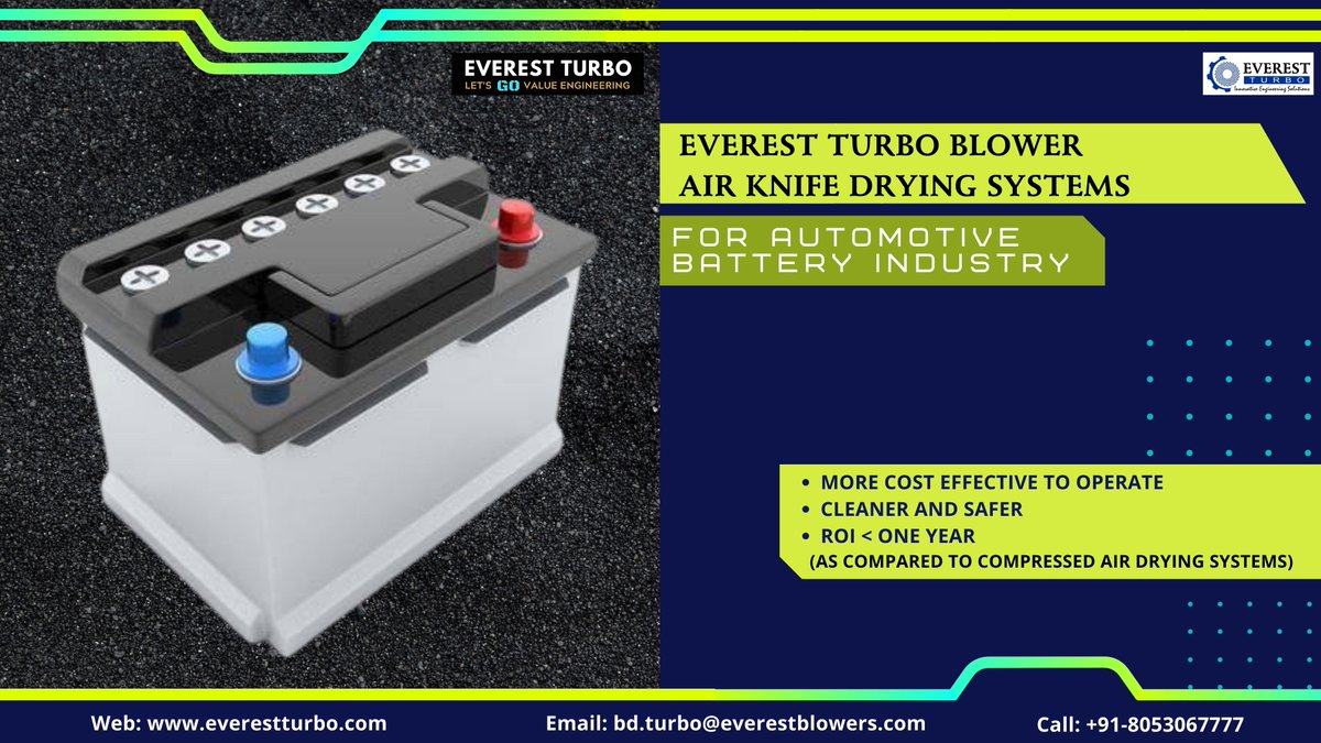 EverestTurbo's tweet image. Energy Efficient Blower Airknife Drying / Blow-Off Systems for Battery Drying and loads of other applications.

#EverestTurbo #BottleDrying #CanDrying #ComponentsDrying #SublimationPaperCoating #WireAndCableDrying #TextileDrying #DryingBeverageBottle #FruitAndVegetableDrying