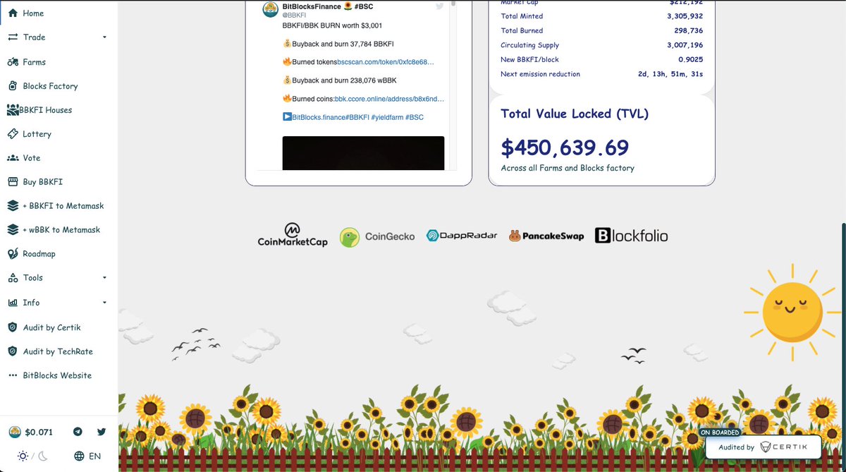 BBKFI's tweet photo. We have some updates on our website.
You can access the Bitblocks Bridge on the sidebar links now too!
Check it out: https://t.co/jM3KsAIw7g
#BBKFI #YieldFarming #BSC #DeFi #GEM #hiddengem
#BitblocksFinance $BBKFI #BBK #Bitblocks #Crypto https://t.co/lfzDIcXA77