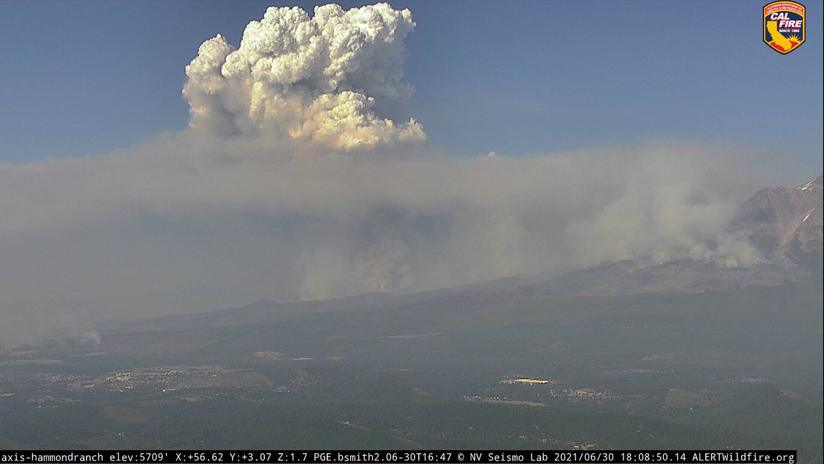 Weather_West's tweet photo. Pretty big escalation in NorCal wildfire activity in exactly the spots you'd expect things to get going first based on max drought severity: in the heart of severe drought region near Shasta &amp; along the Sierra/Coast Range foothills. A sampling of fire camera views. #CAwx #CAfire https://t.co/TYagn8XC6S