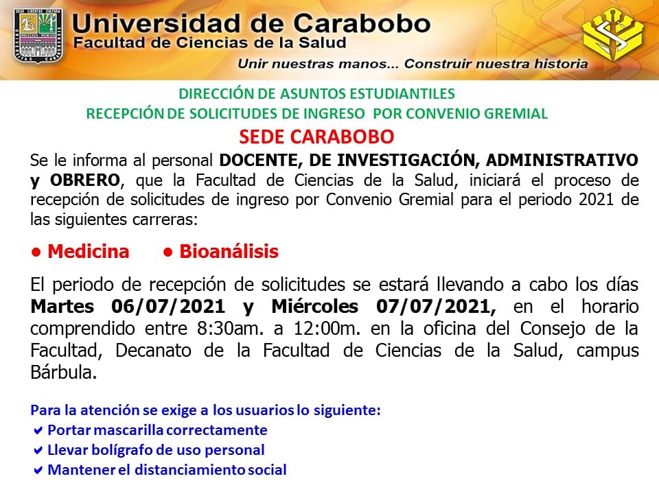 FCS_UC's tweet photo. La @FCS_UC informa al personal Docente, de Investigación, Administrativo y Obrero que se dará inicio a la recepción de solicitudes de ingreso por Convenio Gremial para Medicina y Bioanálisis, periodo 2021. Descargar la planilla de Solicitud de Convenio en https://t.co/H7gDoGoT1N https://t.co/9ivAQvEGYn
