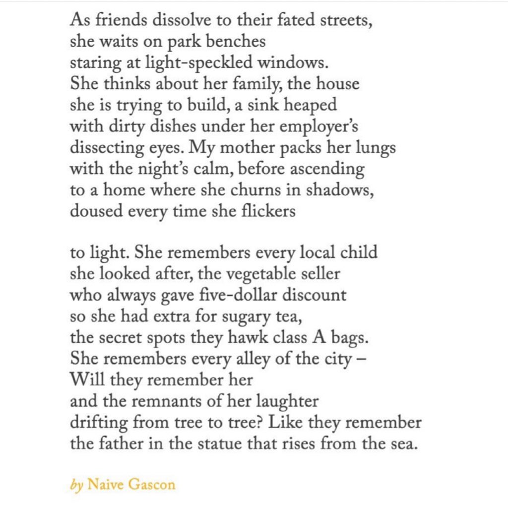 Woke up to this beautiful poem by Naive Gascon on <a href="/asenseoffalling/">Amanda Chong</a>’s Insta, in memory of her mother’s fifteen years as a domestic worker in Hong Kong.

(Naive has returned home to open her hometown’s first sourdough bakery, @hillsidebaker on Insta)
