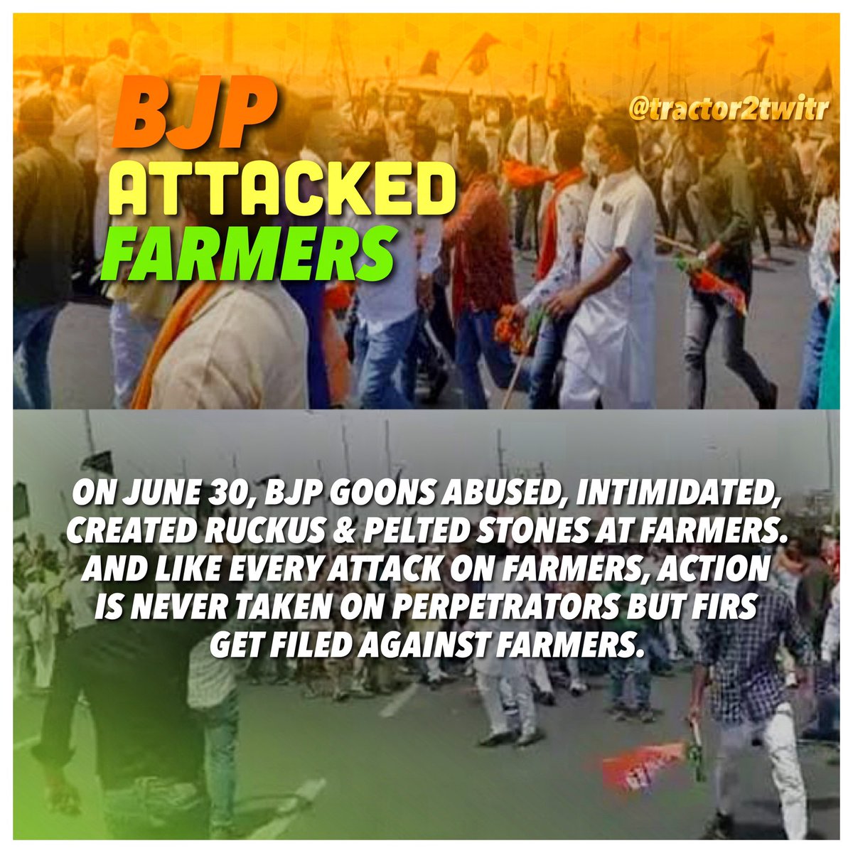 RT @davinder_7: Stop targeting farmers 

#FarmersProtest 

#BJPAttackedFarmers https://t.co/9J1wm6Mk3p