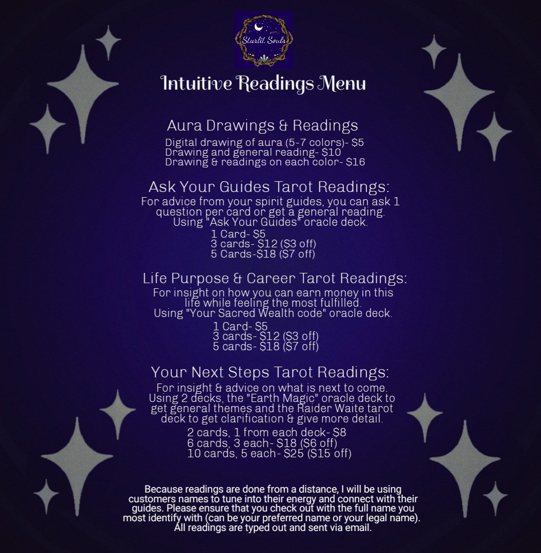 Starlit_Souls's tweet photo. My intuitive readings menu ❤️ Would love to help out with whatever I can give advice on, you can always dm me for inquiries &amp; custom readings as well! 
Website link:
https://t.co/1peZBLg5eE https://t.co/vdQ2YXgvEz