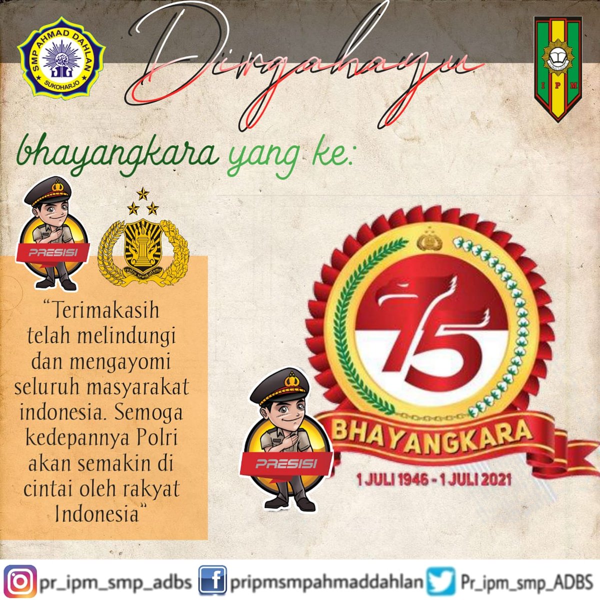 AdbsPr's tweet photo. Guys🎉Dirgahayu Bhayangkara yang ke 75🎉

Ternyata Bhayangkara sudah ada sejak 1 Juli 1945 lho guys. Engga nyangka Bhayangkara sudah berdiri selama 75 tahun. 

Semoga polri akan semakin di cintai oleh rakyat Indonesia🇮🇩🎉 https://t.co/2iB3An0Jlq
