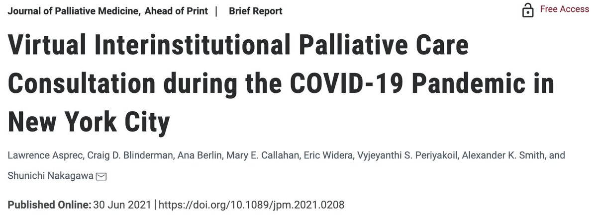 Another paper came out in <a href="/PalliativeMed_j/">Journal of Palliative Medicine</a> 

This is to show our gratitude from <a href="/PallCareCUIMC/">Columbia Palliative Care</a> to help from UCSF, Stanford, Dartmouth-Hitchcock. 

Virtual Interinstitutional Palliative Care Consultation during the COVID-19 Pandemic in New York City liebertpub.com/doi/10.1089/jp…