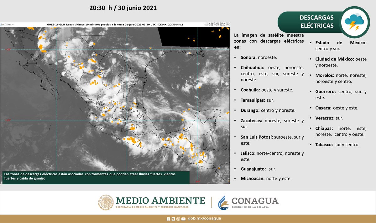 conagua_clima's tweet image. ⚡️Regiones con #DescargasEléctricas registradas hasta las 20:30 horas, destacan en #Chihuahua, #Zacatecas, #SanLuisPotosí, #Jalisco, #Morelos, #CDMX, #Guerrero y #Chiapas.