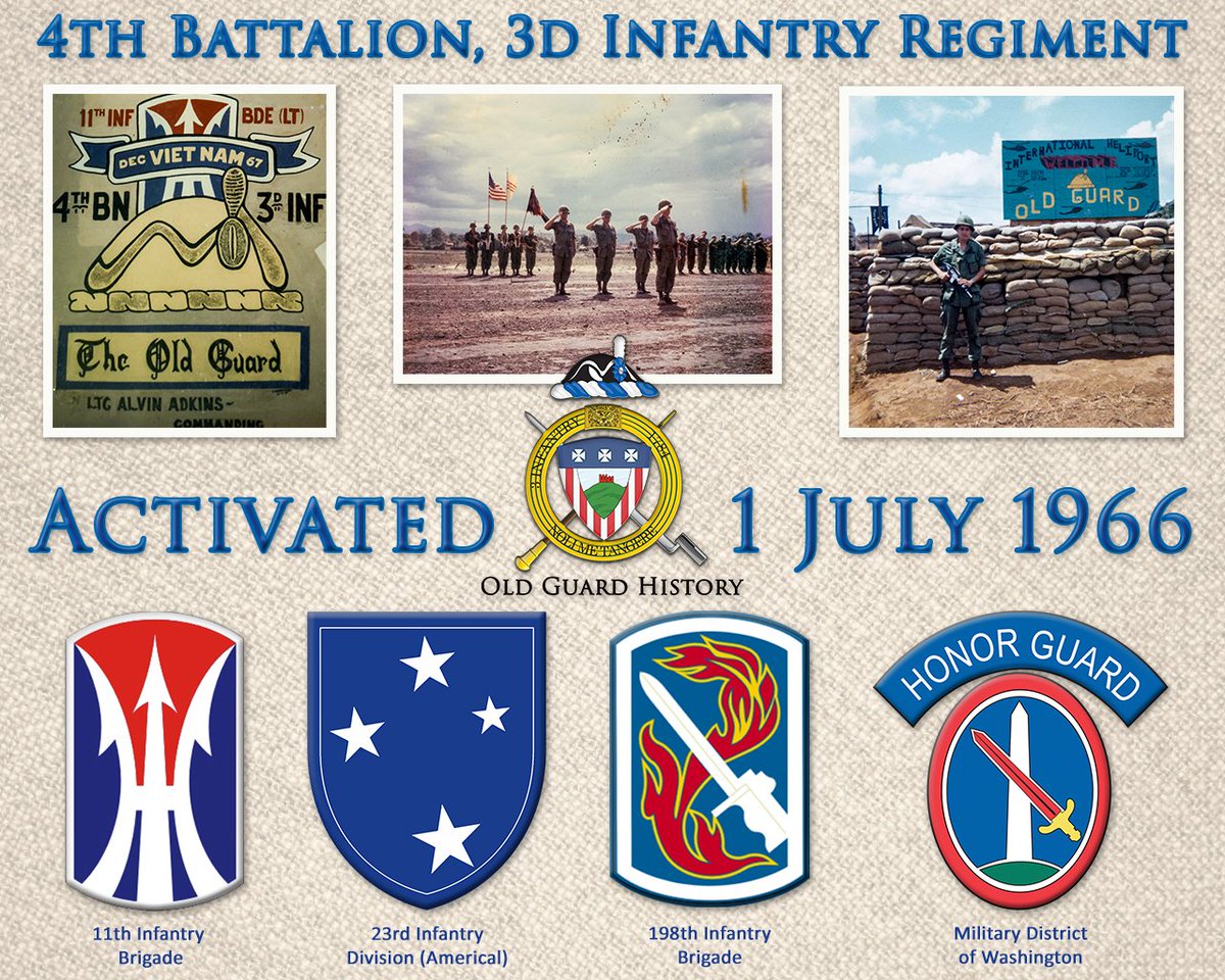 🇺🇸 55 Yrs Ago 🇺🇸
01Jul1966, 4th Bn, 3d Inf Regt activated at Schofield Barracks. Deployed to Vietnam attached to 11th Inf BDE, 23d Inf Div (Americal). Later to 198th Inf BDE. Inactivated 30Nov1971, at Ft Lewis, WA.
4th Bn re-activated in Mil Dist of Wash in Dec2008.