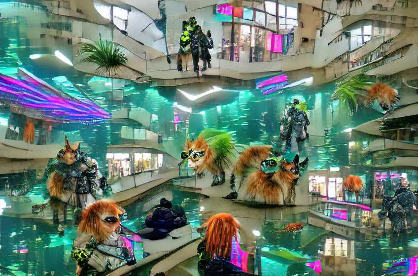 _sambk's tweet photo. "realistic cyberpunk solarpunk underwater furry convention in a shopping mall" https://t.co/YHHvH5zyRq