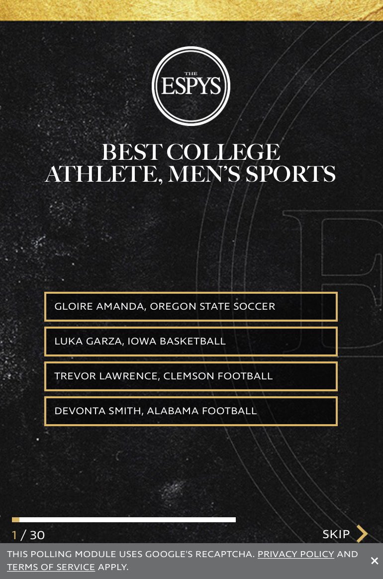 Gotta love it. JuVaughn Harrison wins two NCAA titles (Olympic Trials too, but that was after) while Athing Mu is part of - I think - 7 collegiate records this year(?!?) - but not even a mention from <a href="/ESPYS/">ESPYS</a>. Pathetic.