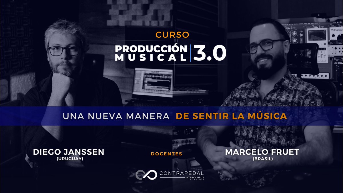 CONTRAPEDAL's tweet image. Presentamos el Curso Producción Musical 3.0 🎙📀 
📢 4 meses, 2 sesiones semanales, 80 horas. 
Docentes: @diego_janssen (Uruguay) y @marcelofruet (Brasil).   
🔗contrapedal.com/produccionmusi…

#Contrapedalintercampus #ProduccionMusical #TransformaTuProyectoMusical