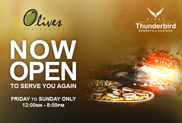 ThunderbirdPH's tweet photo. #OlivesRestaurant is now open to serve you again, every Fridays to Sundays from 12NN-8PM.

See you there!

#thunderbirdresortsandcasinos #thunderbirdresorts #thunderbirdrizal #rizal #underthetuscansun #safethunderbird https://t.co/lcYY1lTfnv