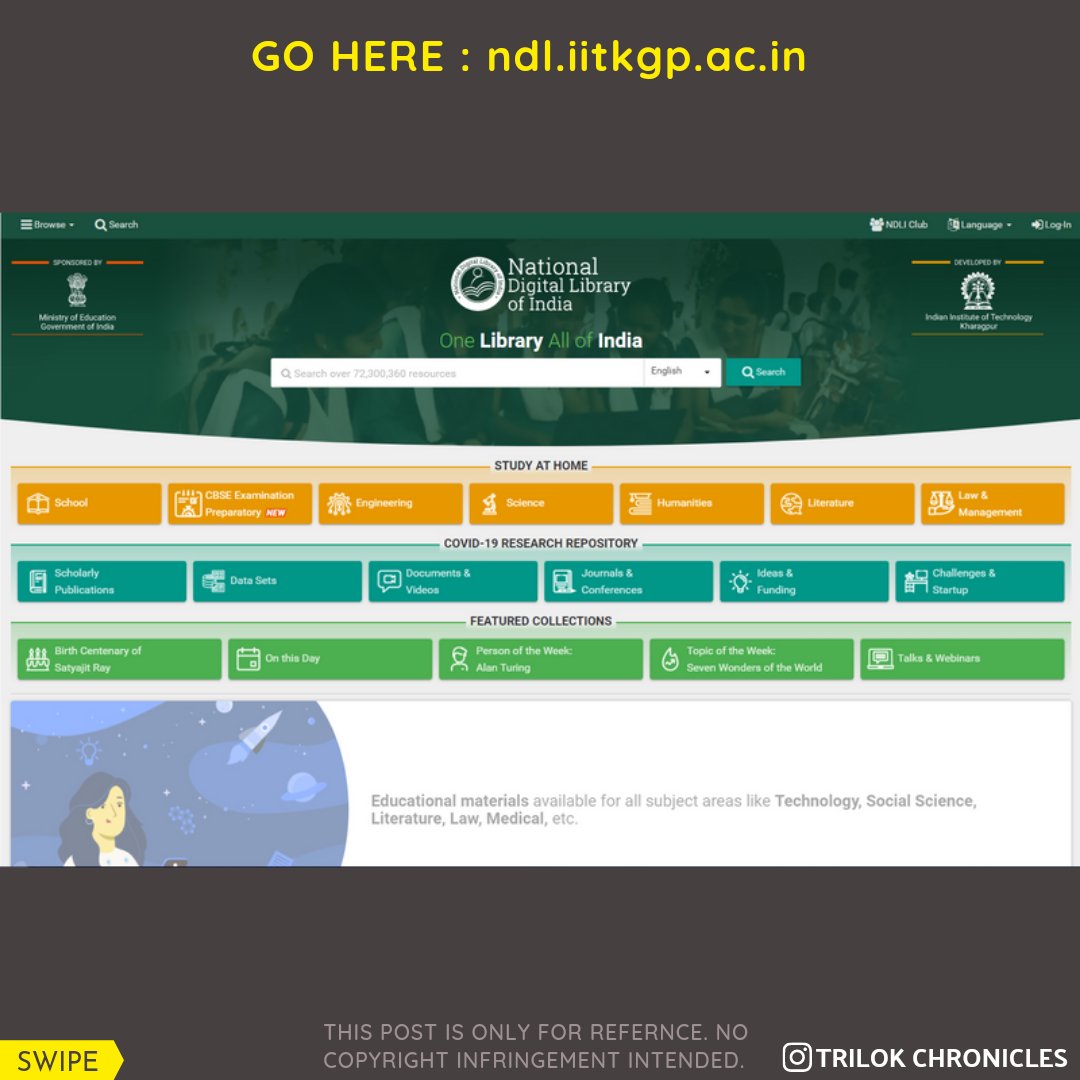 trilokchronicle's tweet photo. SHARE THIS AS MUCH AS POSSIBLE AND LET'S HELP OUR BUDDING STUDENTS! 💛
SITE : https://t.co/fPxDA8JpLI
2/3
#nationaldigitallibrary #library #school #college #engineering #architecture #science #humanities #india #indianeedshelp #education #resources #studies #GovernmentofIndia https://t.co/JVLfyeHEMi