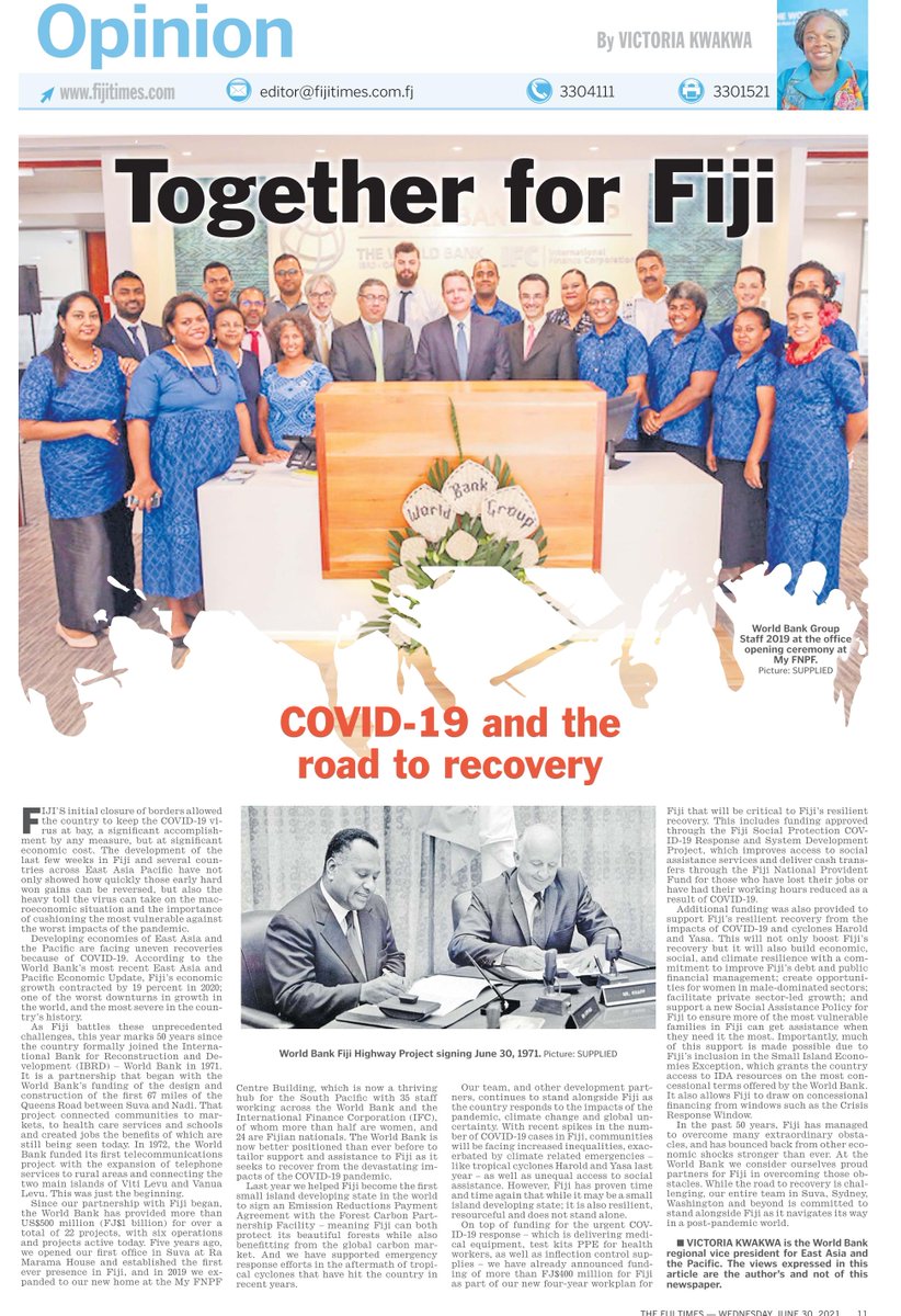 WB_AsiaPacific's tweet photo. "In the past 50 years, Fiji has overcome many extraordinary obstacles, and has bounced back stronger than ever. ...We're proud to be supporting Fiji in overcoming those obstacles."

@VictoriaKwakwa writes for @fijitimes 📰on 🇫🇯 Fiji's resilience: https://t.co/D1NRKUMNgs https://t.co/u3k3NifSdz