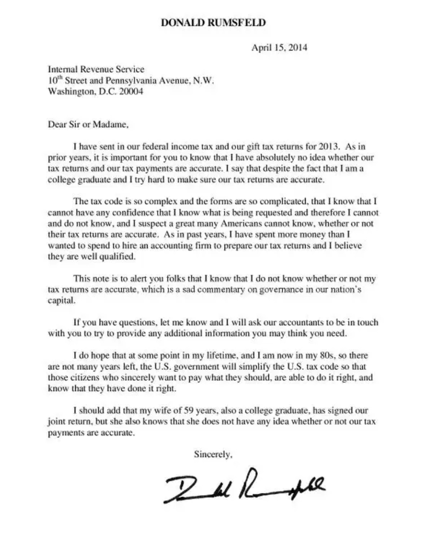 HansMahncke's tweet photo. Every year, Donald Rumsfeld sent the IRS a letter like this one. Opinions will differ on his service but his view of the tax code should be a unifying aspect of his life. https://t.co/MN6j42knnC