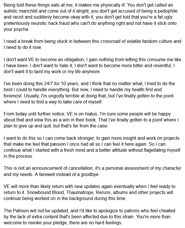 deconrecon_'s tweet photo. A message from @avstinado. 

TL;DR: Vast Error is now on indefinite hiatus for the sake of his mental and physical health. Projects will be worked on in the background during this time, but the comic and the DCRC Patreon will not update until he is ready to return. https://t.co/qkOPUELLI6