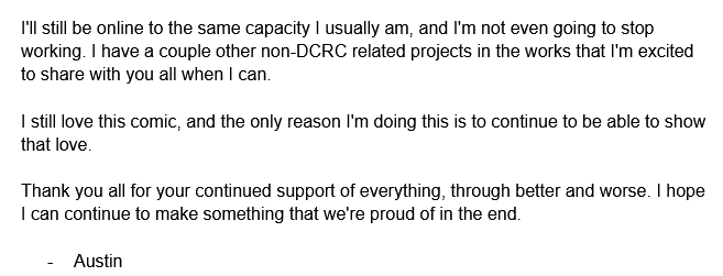 deconrecon_'s tweet photo. A message from @avstinado. 

TL;DR: Vast Error is now on indefinite hiatus for the sake of his mental and physical health. Projects will be worked on in the background during this time, but the comic and the DCRC Patreon will not update until he is ready to return. https://t.co/qkOPUELLI6
