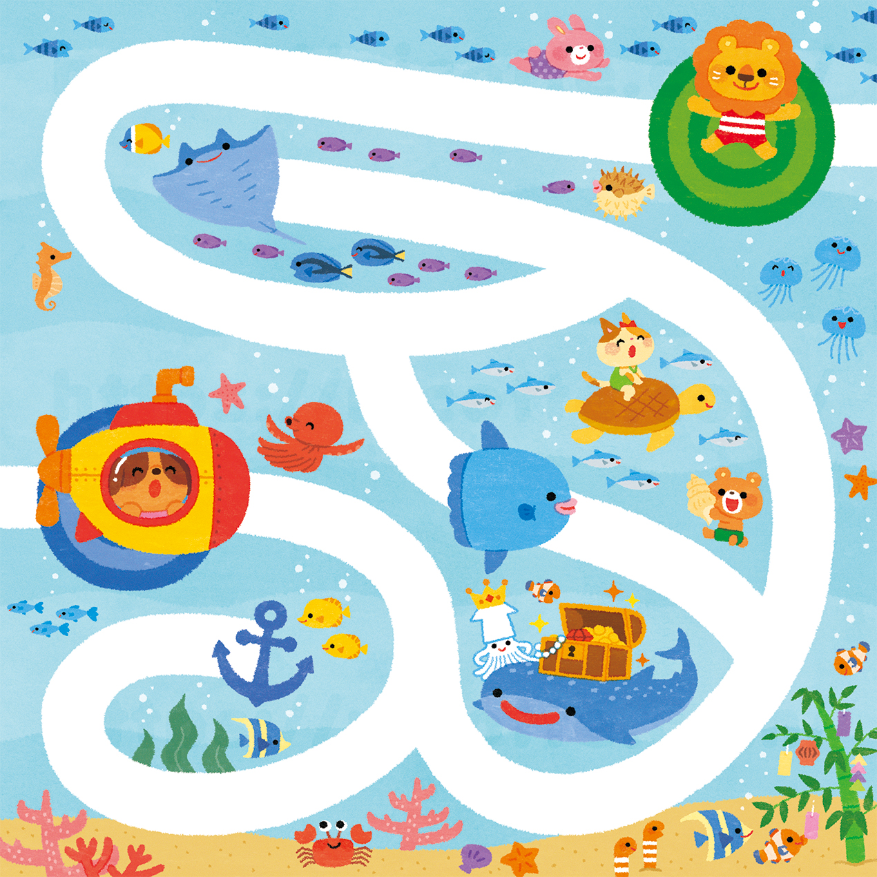 たかしまよーこ イラストレーター お仕事報告 チャイルドブックジュニア チャイルド本社 7月号の裏表紙 迷路のイラスト を制作しました 今月は犬さんと一緒に潜水艦に乗って ライオンさんのところを目指すよ お魚さんの七夕や宝箱 海の生き物 迷路