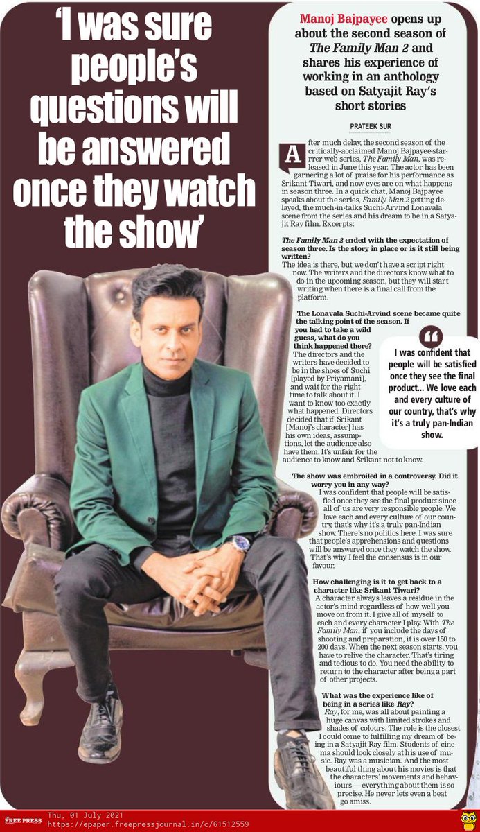 I was sure people’s questions will be answered: @BajpayeeManoj on #TheFamilyMan2 controversy By @iPrats freepressjournal.in/entertainment/…