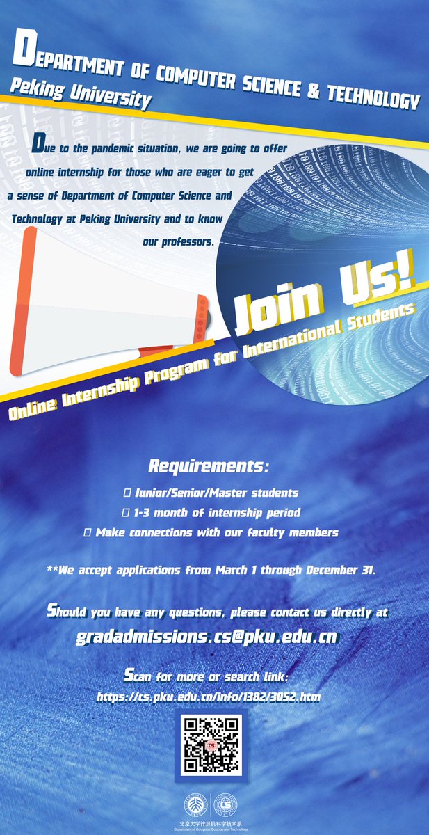 #OnlineInternship Program for International Students

we are going to offer online internship for those who are eager to get a sense of Department of Computer Science and Technology at #PekingUniversity and to know our professors.

More info: cs.pku.edu.cn/info/1382/3052…