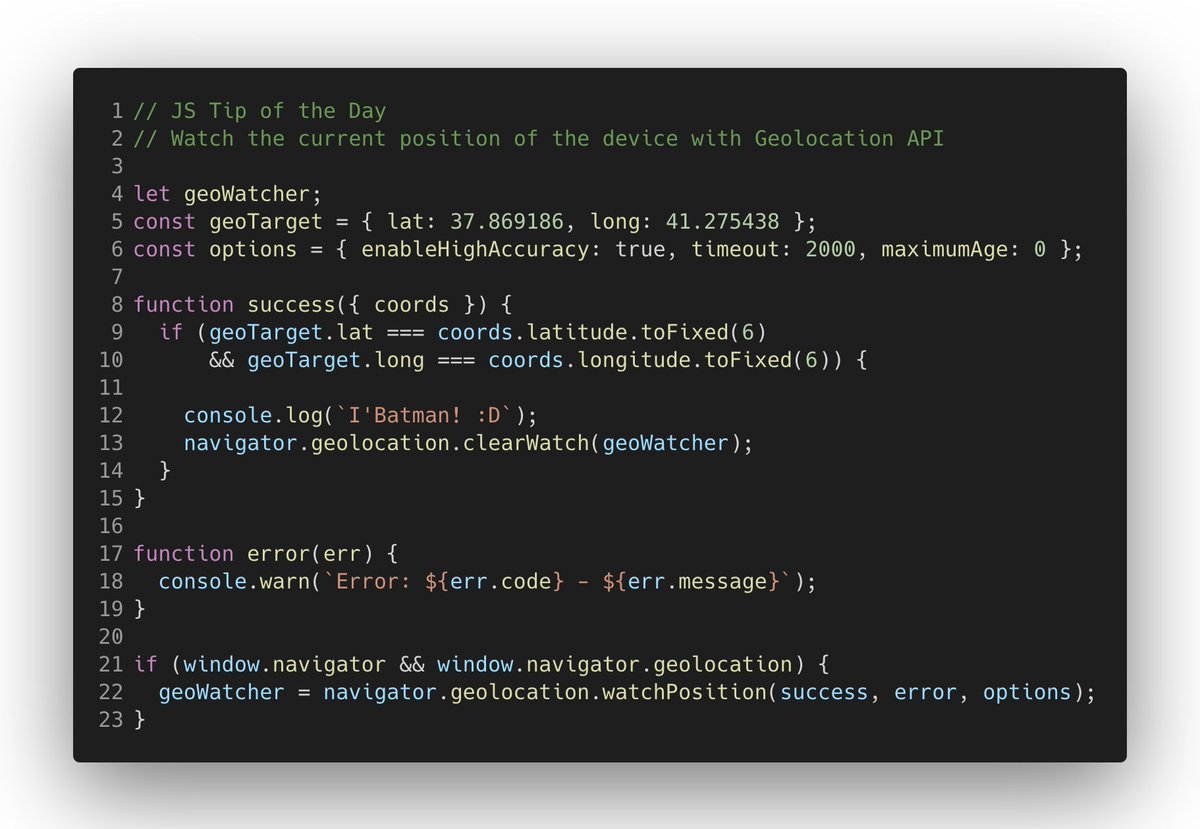 FrancescoSciuti's tweet photo. 💡JS Tip of the day 💡- 📅 Day 108
Watch (and follow) the current position of the device with Geolocation API
Read all tips @ https://t.co/lUa0SscwUV
#JStipoftheday #devmy #jstips #js https://t.co/nDiISbHguS