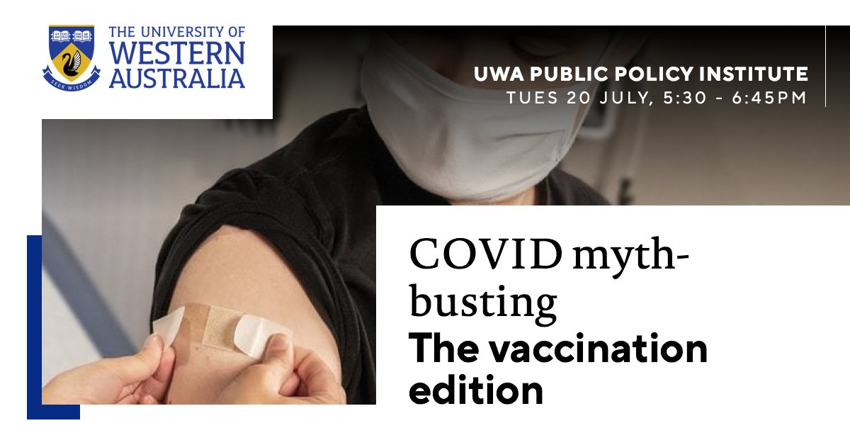 UWAPPI's tweet photo. 📢 PUBLIC ONLINE WEBINAR 📢
COVID myth-busting: The vaccination edition
Tuesday 20 July, 5:30 - 6:45pm
More confused than ever? We don't blame you. Join our experts to separate fact from fiction 🦠 https://t.co/pl4x15gGvt 
@uwanews @UWAresearch @slatz_soapbox @ChrisBlyth74 https://t.co/4RBVLdoIQw