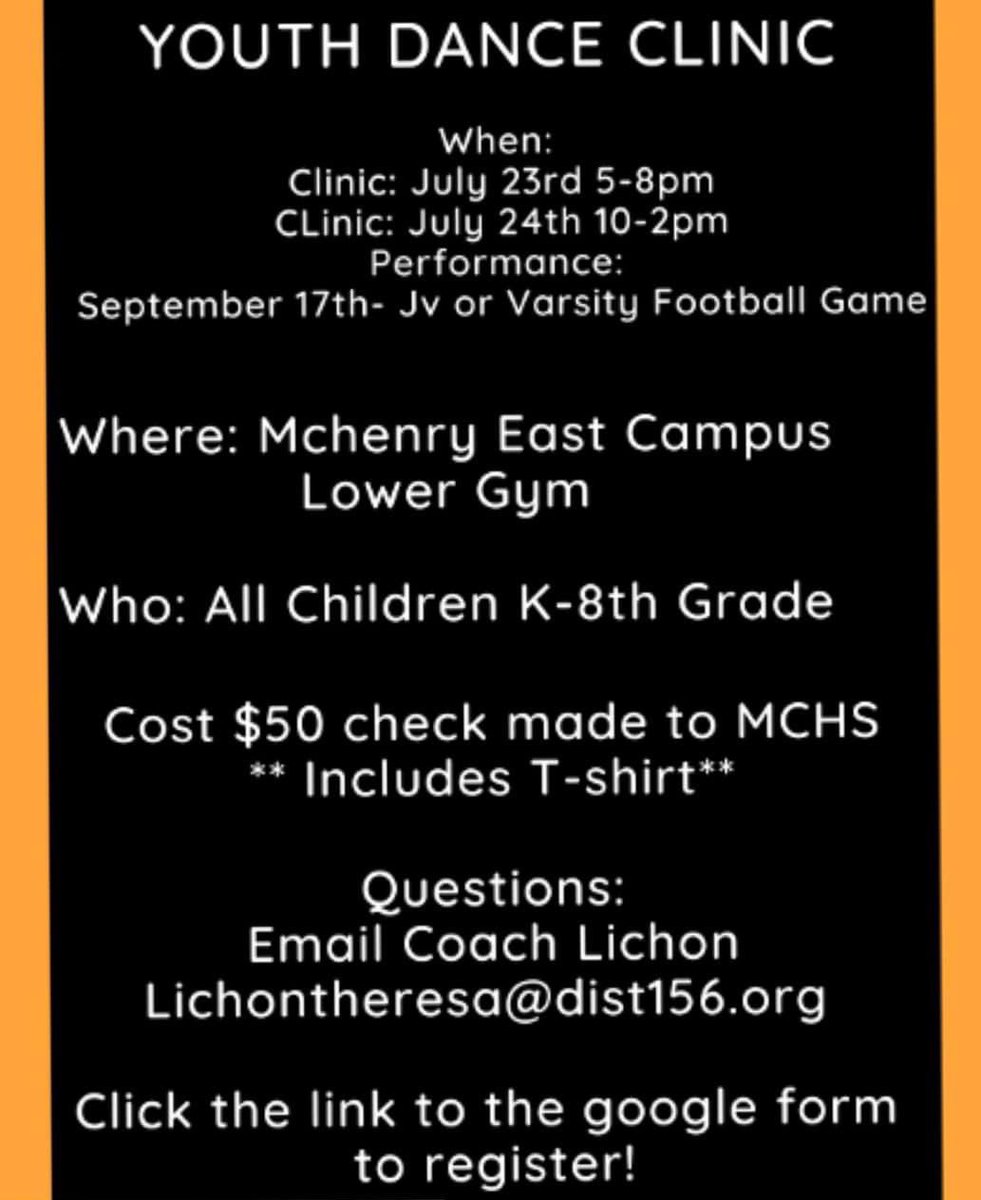 Don’t forget the McHenry High School Dance team is hosting a clinic for all kids k-8th grade! They still have spots available. Click the link to register—->

docs.google.com/forms/d/e/1FAI…