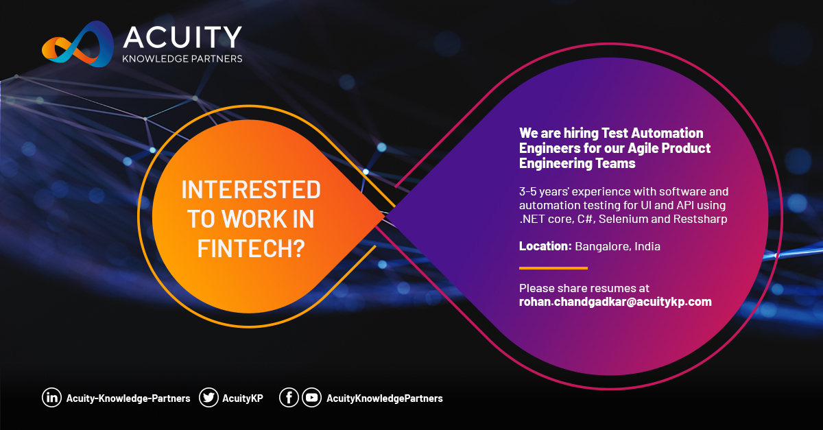 AcuityAnalytic's tweet photo. Acuity Knowledge Partners is hiring for Full-stack developer, UI/UX designer, Test Automation Engineer and Business Analysts.
Share your resumes at: rohan.chandgadkar@acuitykp.com
.
.
.
#hiring #acuityknowledgepartners #opprotunity #jobs #fintech #applynow https://t.co/5rOiCwAdwN