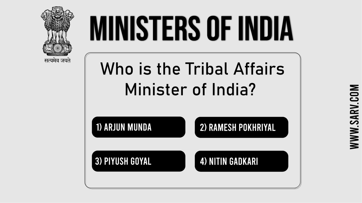 SarvOfficial's tweet photo. Ministers of India. Quiz: 04
#Sarv #ministersofIndia #tribalaffairs #Politics #quiz04 #QuestionOfTheDay #Questionbox #thursdayvibes #ThursdayThought #commentbelow https://t.co/oG1qetL3IK