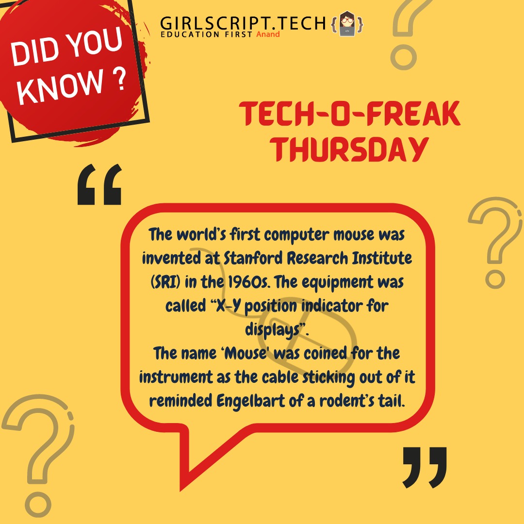 GirlscriptAnand's tweet image. The first computer mouse prototype was built in 1964 by SRI&apos;s Douglas Engelbart

Follow @Girlscriptanand for more such tech facts.   
                     
 #girlscript #girlscriptfoundation #girlscriptanand  #techofreakthursday #technology #facts #thursday  #techfacts