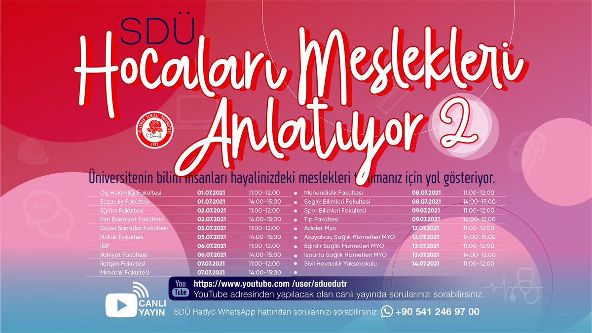 SDÜ Hocaları Meslekleri Anlatıyor! 

İletişim Fakültesi programı SDÜ YouTube kanalında 👇 

🗓 7 Temmuz Çarşamba
⏱11.00
#sdü #iletişim