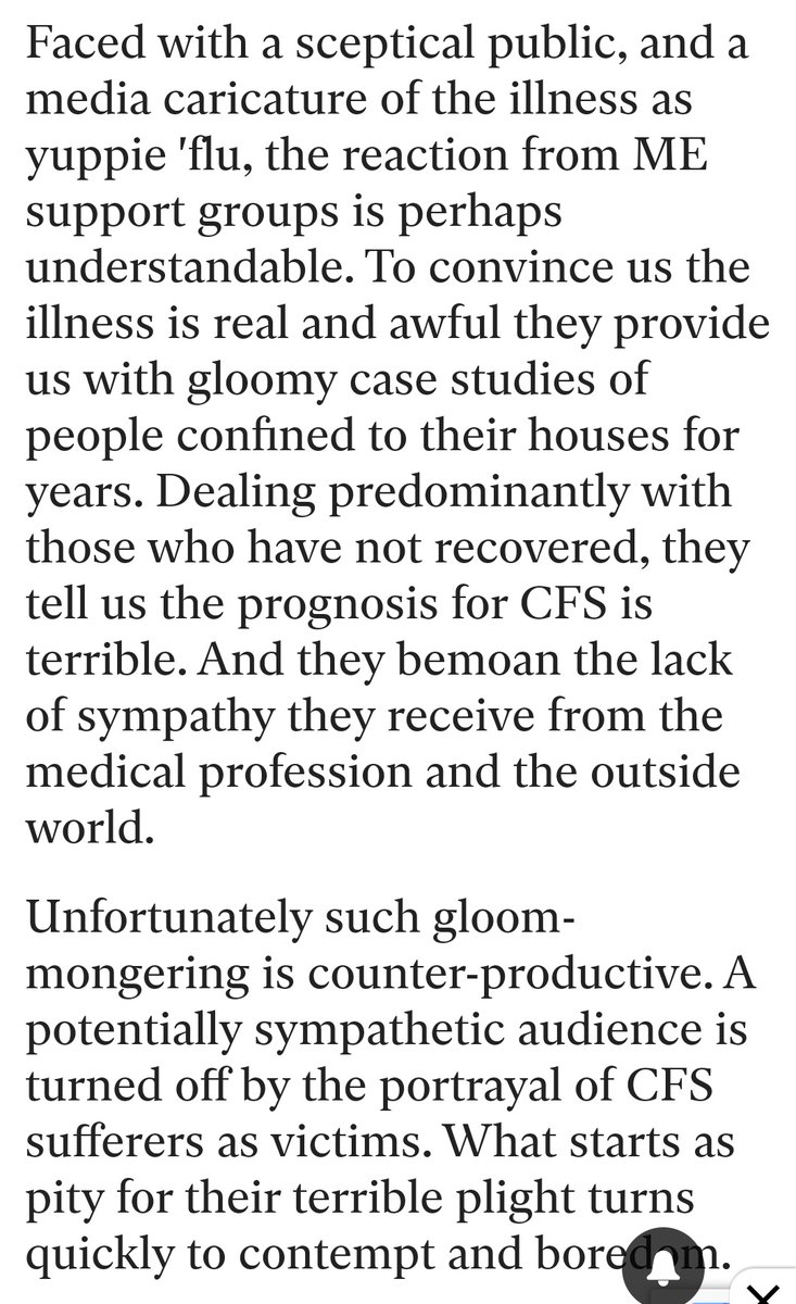 ABrokenBattery's tweet photo. @bojack90s Yvette Cooper's 1996 article where she said CFS is 'unhelpfully called ME', those who remain sick 'hog the airwaves' and describes ME Support groups raising awareness as 'gloom mongering' that quickly turns pity into 'contempt' and 'boredom'.

https://t.co/551mbYpb1z https://t.co/G3VvAaqMDy