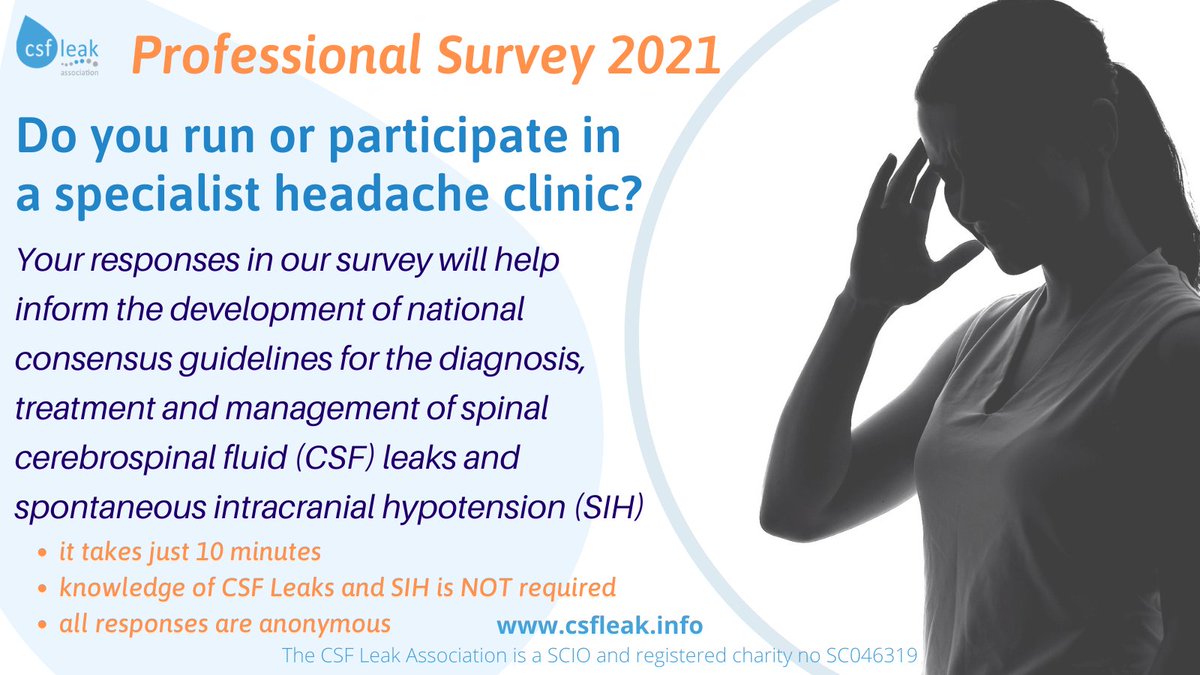 csfleakinfo's tweet photo. Do you run or participate in a UK specialist headache clinic? Please complete our Professional Survey. 
Only takes 10 minutes - no knowledge of SIH/CSF leaks required - completely anonymous
https://t.co/7omzrWAk3c

#csfleak #SIH #posturalheadache #EDS #csfleakassociation https://t.co/YS4HzvTXzv