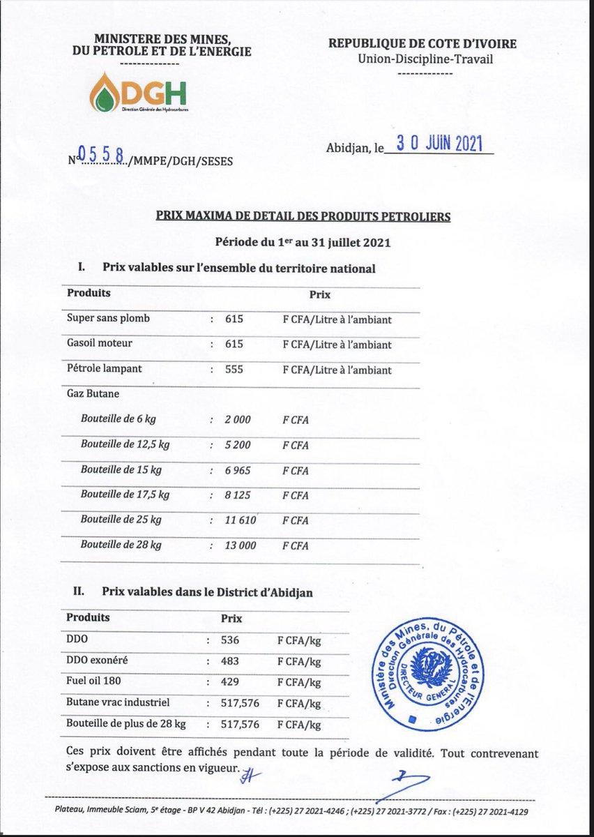 mmpeciv's tweet photo. Le prix des produits pétroliers à la pompe est de 615 FCfa pour le Super et 615 Fcfa pour le gasoil.

Les prix du super et du gasoil sont maintenus à 615FCFA/l pour le mois de Juillet 2021.

🗓 Du 1er au 31 Juillet 2021 🗓 https://t.co/TZLFWw9r1a