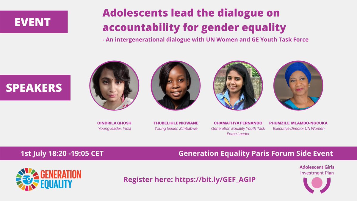 AdolescentGirlsInvestmentPlan (@adolescentplan) on Twitter photo Only a few hours to go! Please register here to watch #girlleaders in discussion with <a href="/chamathya93/">Chamathya Fernando</a> and @phumzileunwomen on their inclusion in implementation and accountability for girl-centric commitments beyond the Paris Forum!
bit.ly/363j6xN
#GenerationEquality Only a few hours to go! Please register here to watch #girlleaders in discussion with <a href="/chamathya93/">Chamathya Fernando</a> and @phumzileunwomen on their inclusion in implementation and accountability for girl-centric commitments beyond the Paris Forum!
bit.ly/363j6xN
#GenerationEquality