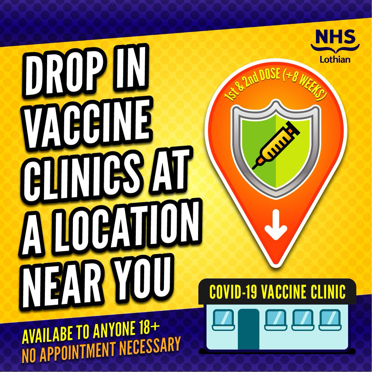 Over 18? ✔️
Want to get vaccinated? ✔️

Our mass vaccination centres are now also open to drop-ins from all adults, both under and over 40!

8.30am-5.30pm every day:
📍 EICC
📍 Pyramids Business Park
📍 Younger Building (RBS)
📍 Gorebridge Leisure Centre
📍 Lowland Hall