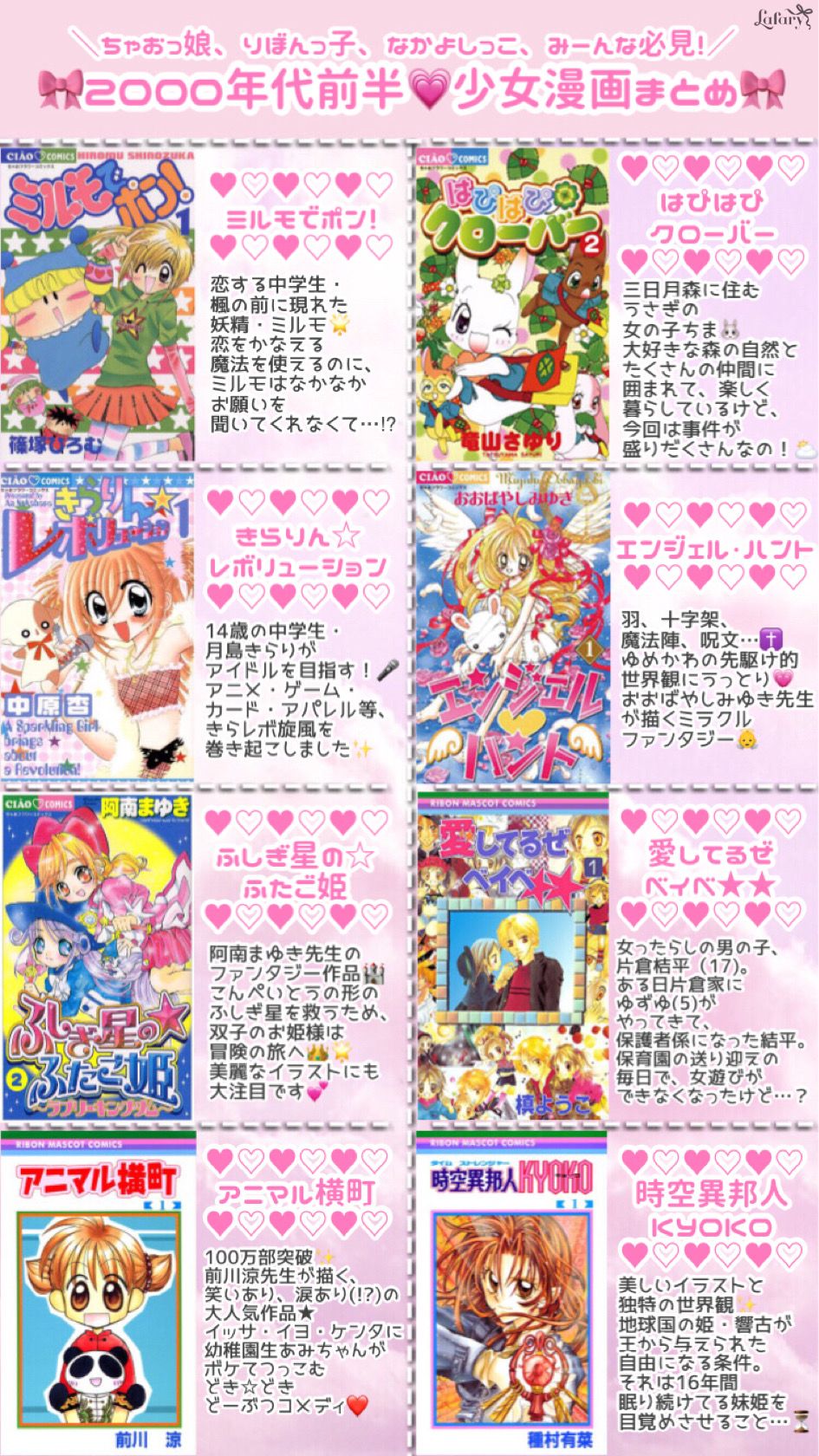 Lafary ラファリー 00年代前半の少女漫画 ちゃおっ娘 りぼんっ子 なかよしっこ み んな必見 00年代前半に連載していた少女漫画を まとめました ᐡ ﻌ ᐡ あの頃大好きだった思い出の漫画を 思い出してみませんか 詳しくはこちら