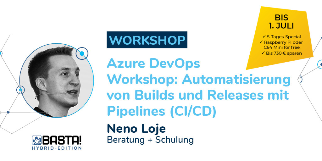 BASTAcon's tweet image. Wollen Sie sich mehr auf das Wichtige fokussieren? Mit #Azure Pipelines schafft Microsoft diese Möglichkeit und Neno Loje zeigt euch wie es geht in seinem Workshop auf der #BASTA, denn #Buildserver sind heute nicht mehr wegzudenken.

Mehr zum Workshop:  bit.ly/3ha4X8s