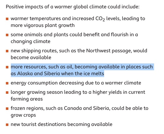 Positive impacts of climate change! 'more resources, such as oil, becoming available in places such as Alaska and Siberia when the ice melts' 

Are you kidding!? 
@BbcClimate @BBCWorld @BBCNottingham @bbcemt 

@TTTMediaXR @XRebellionUK @JonFullerGreen
 
>> bbc.co.uk/bitesize/guide…