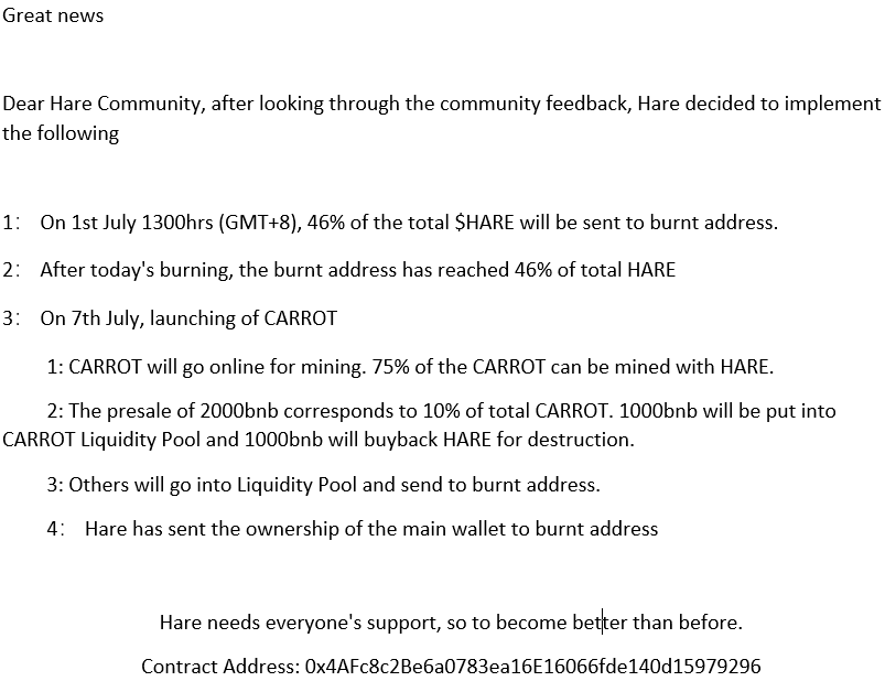 Hare_Token's tweet photo. Dear Hare Community

Please take a moment to read. 
We heard you and made compromises.

Do have faith with Hare still. We are not abandoning the community!

https://t.co/15pG6WtIcZ https://t.co/8m44BgqUrV