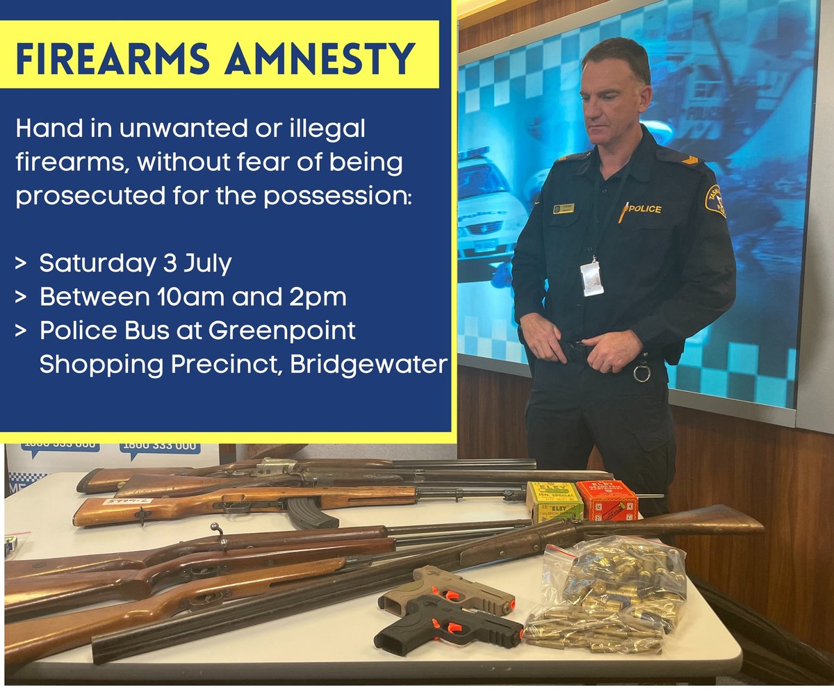 Surrender firearms and ammunition, without fear of prosecution, at our amnesty this Saturday (3/7/21), 10am-2pm, Greenpoint Shopping Precinct, Bridgewater. 

For further info -  
police.tas.gov.au/news-events/me…