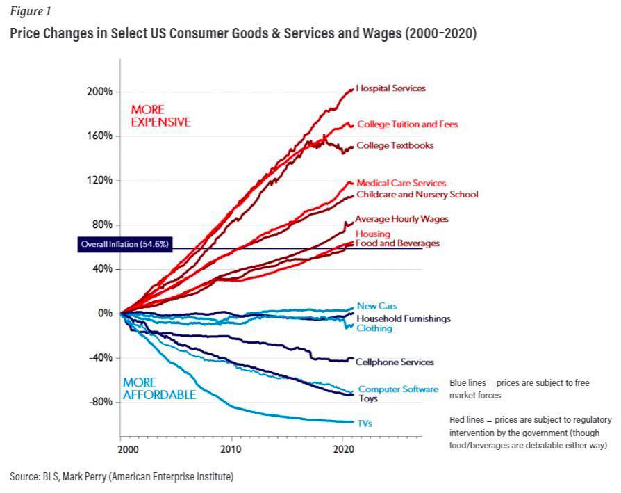 willywoo's tweet image. On things that get cheaper and things that get more expensive...

Blue: Free market forces

Red: Subject to government regulatory intervention

Overall Inflation is 54.6% -&amp;gt; i.e. CPI is a BS measure of inflation, and it's what economists use to determine monetary policy.