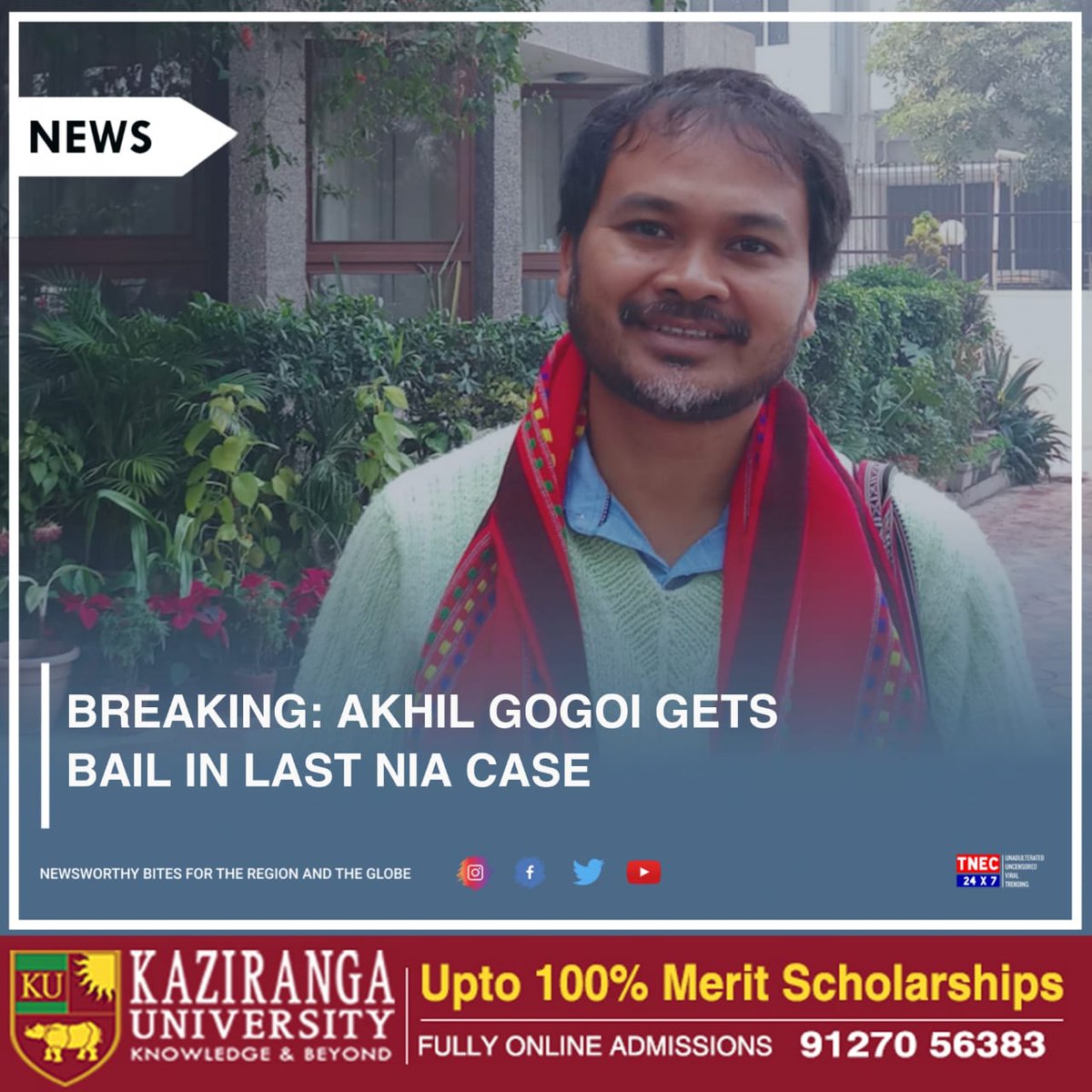 tnec_IN's tweet photo. #JustIn|Peasant activist and MLA of Sibsagar constituency Akhil Gogoi who was charged by NIA gets bail today. Special NIA Court clears Akhil Gogoi and three others from UAPA and all other IPC charges in both cases.

Furthermore, he is likely to come out of jail by today https://t.co/WqiGWXCOsH