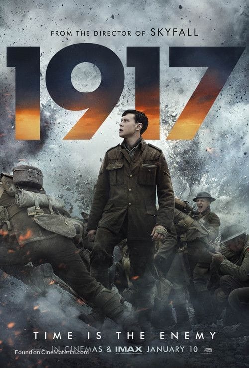 1917
Film 1917 menceritakan tentang dua orang prajurit muda dari Inggris, Schofield (George MacKay) dan Blake (Charles Chapman), yang ditugaskan untuk menyampaikan pesan untuk mencegah lebih banyak tentara gugur.