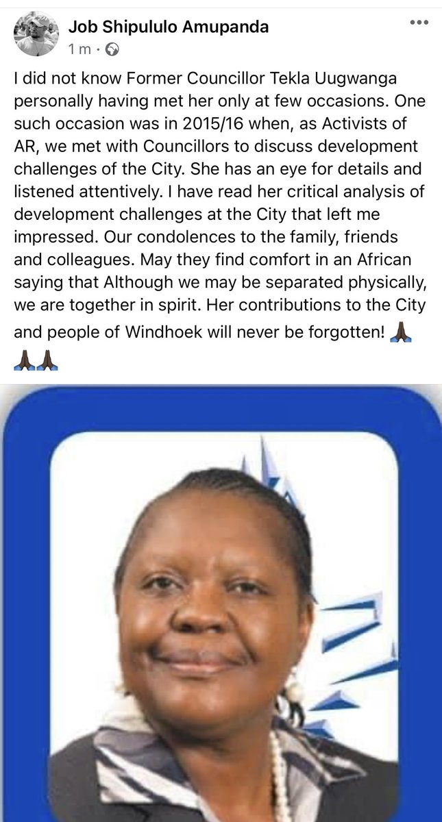 Shipululo's tweet photo. Our condolences to the family, friends and colleagues. May they find comfort in an African saying that Although we may be separated physically, we are together in spirit. Her contributions to the City and people of Windhoek will never be forgotten! 🙏🏿🙏🏿🙏🏿 https://t.co/7LDHteJBgl