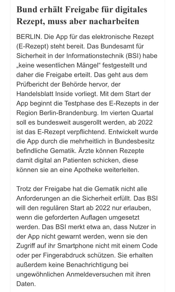 MirjamBauer's tweet photo. Weiterhin Unklarheiten beim #eRezept: 
Laut @handelsblatt erhält Bund die Freigabe, muss aber nacharbeiten. 
✅ Test in Berlin/Brandenburg startet, weiterer Rollout, ab 2022 Pflicht
✅ Geforderte Sicherheits-Anforderungen fehlen, @BSI_Bund erlaubt Start 2022 nur nach Anpassung 👇🏻 https://t.co/cb9ewg8avd